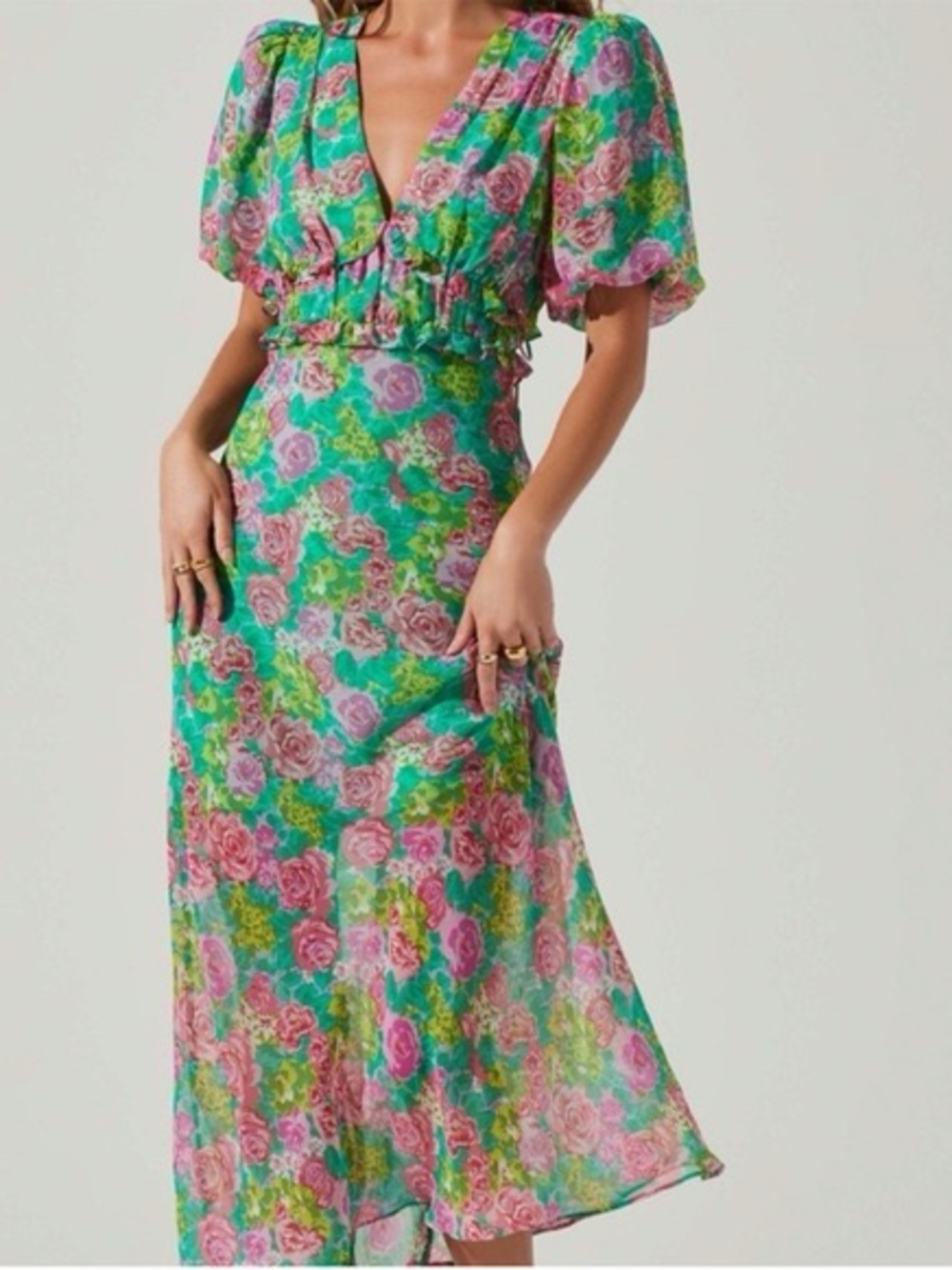 ASTR Floral V-Neck Maxi Dress in Teal and Pink